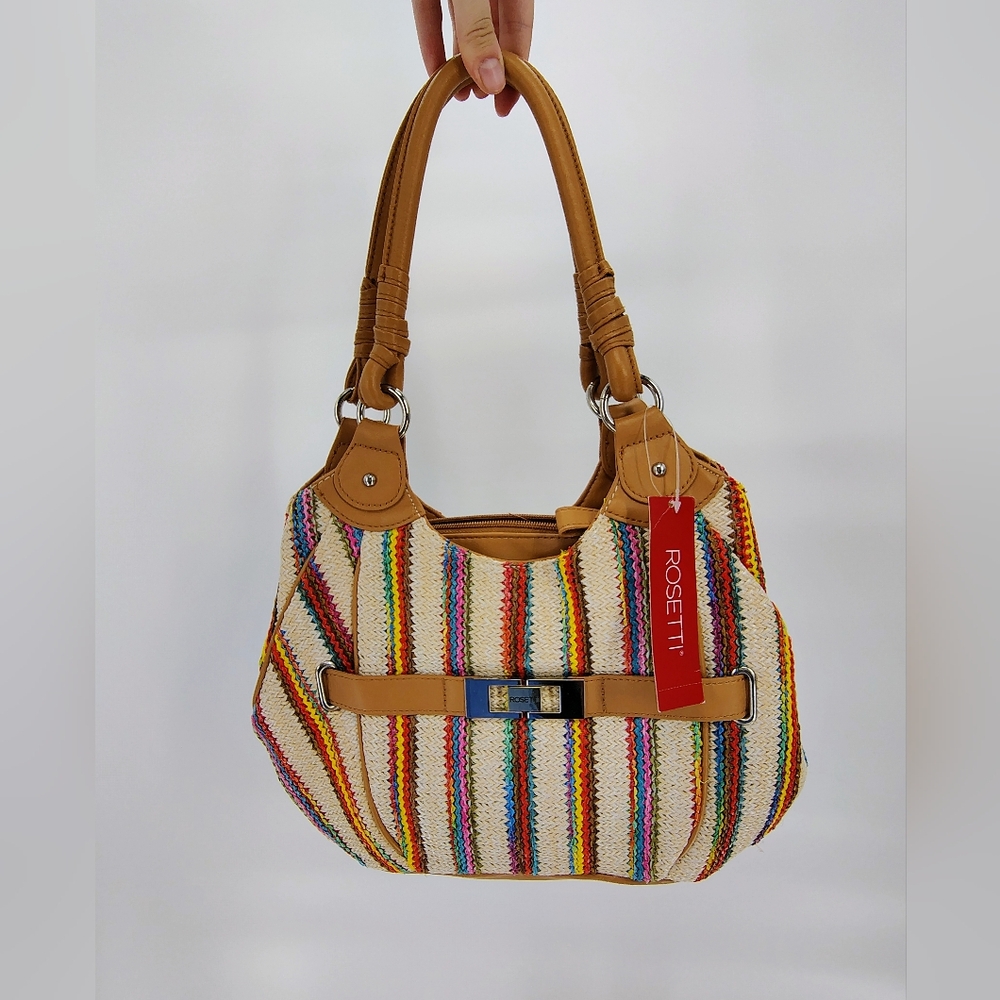 Rosetti Colorful Vibrant Striped Braided Shoulder Bag with Tan Accents